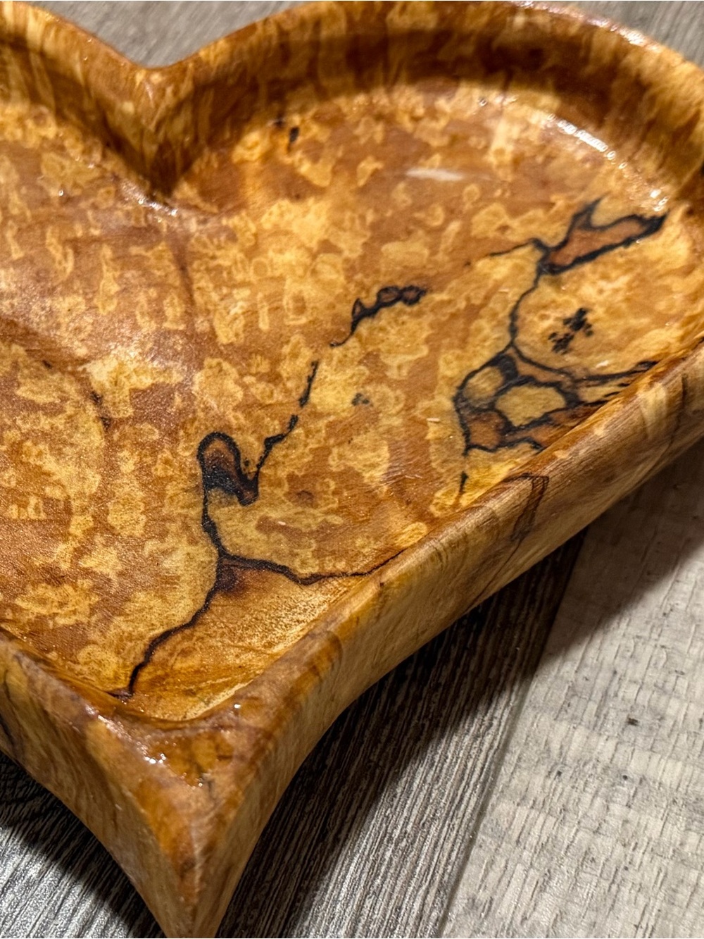 Beautifully crafted  heart-shaped dish carved from highly figured spalted Burl.